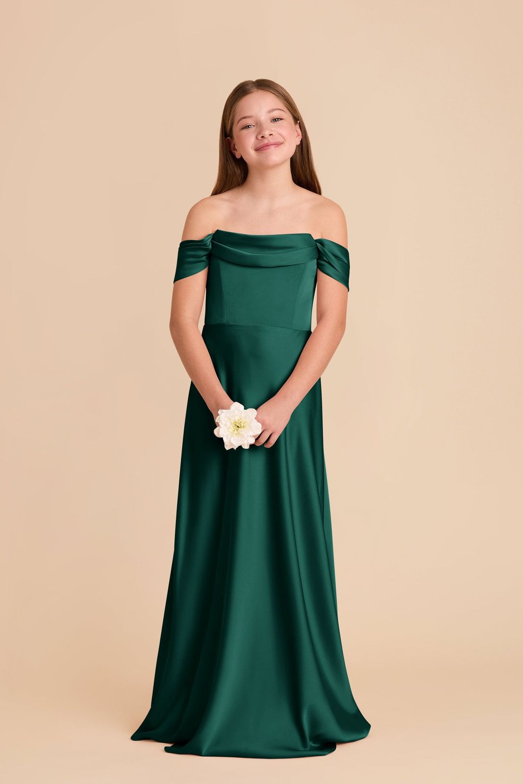 Emerald Green Matte Satin Off-the-Shoulder Floor-Length Gown Emerald Green Matte Satin Off-the-Shoulder Floor-Length Gown — Junior Bridesmaid Dress 2027