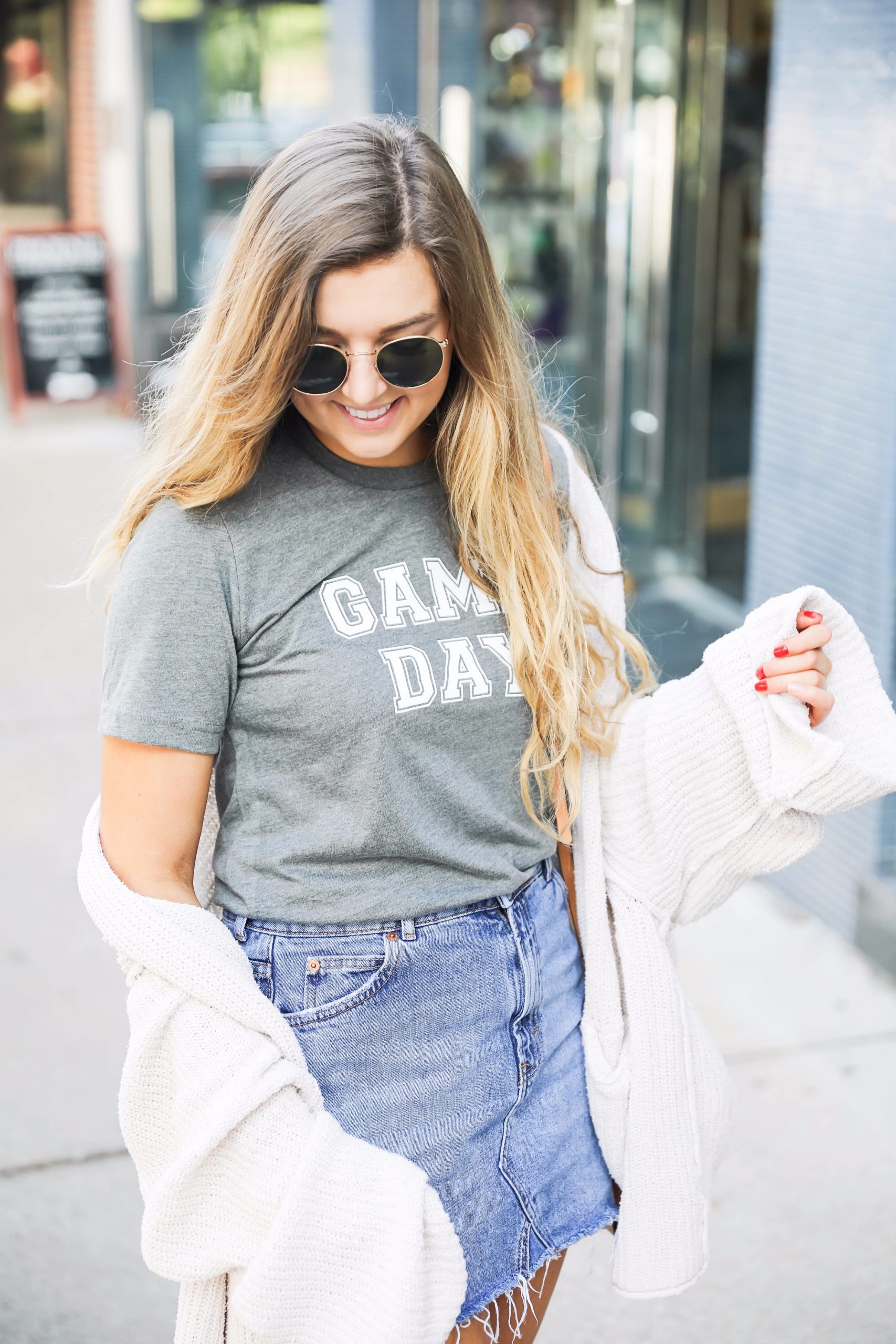 Graphic Comfort: 'Game Day' Tee Under Cardigan — College Game Day Outfits 2026