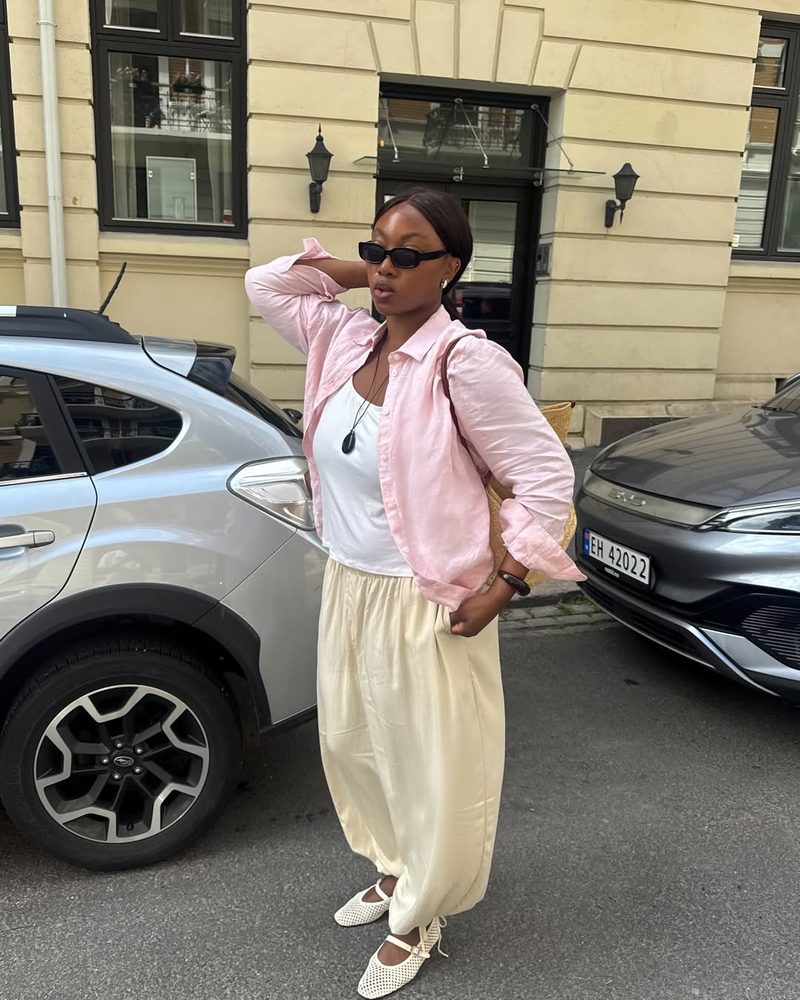 Oversized Light Pink Linen Shirt with Cream Wide-Leg Pants — Pink Outfits 2027
