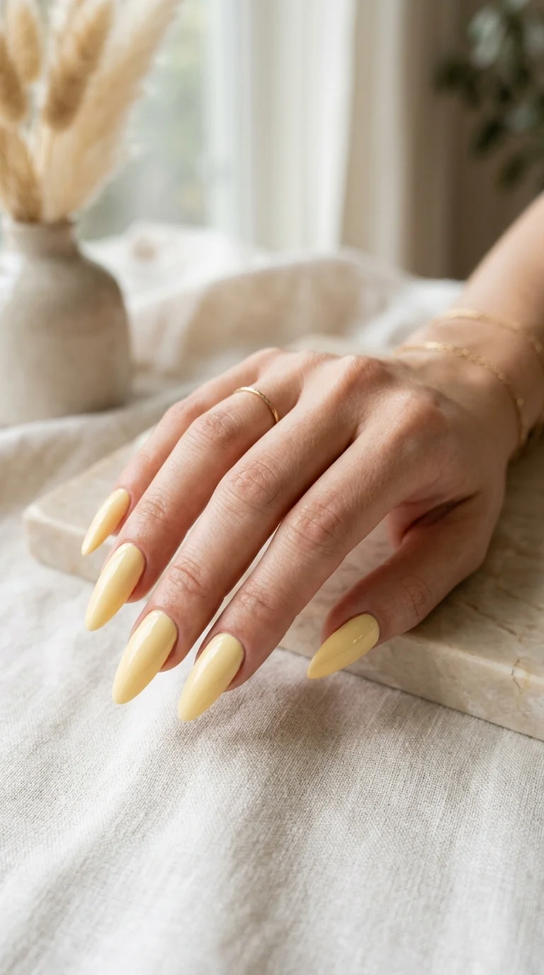 Solid Glossy Pale Yellow Almonds Solid Glossy Pale Yellow Almonds — Long Almond Nails 2027