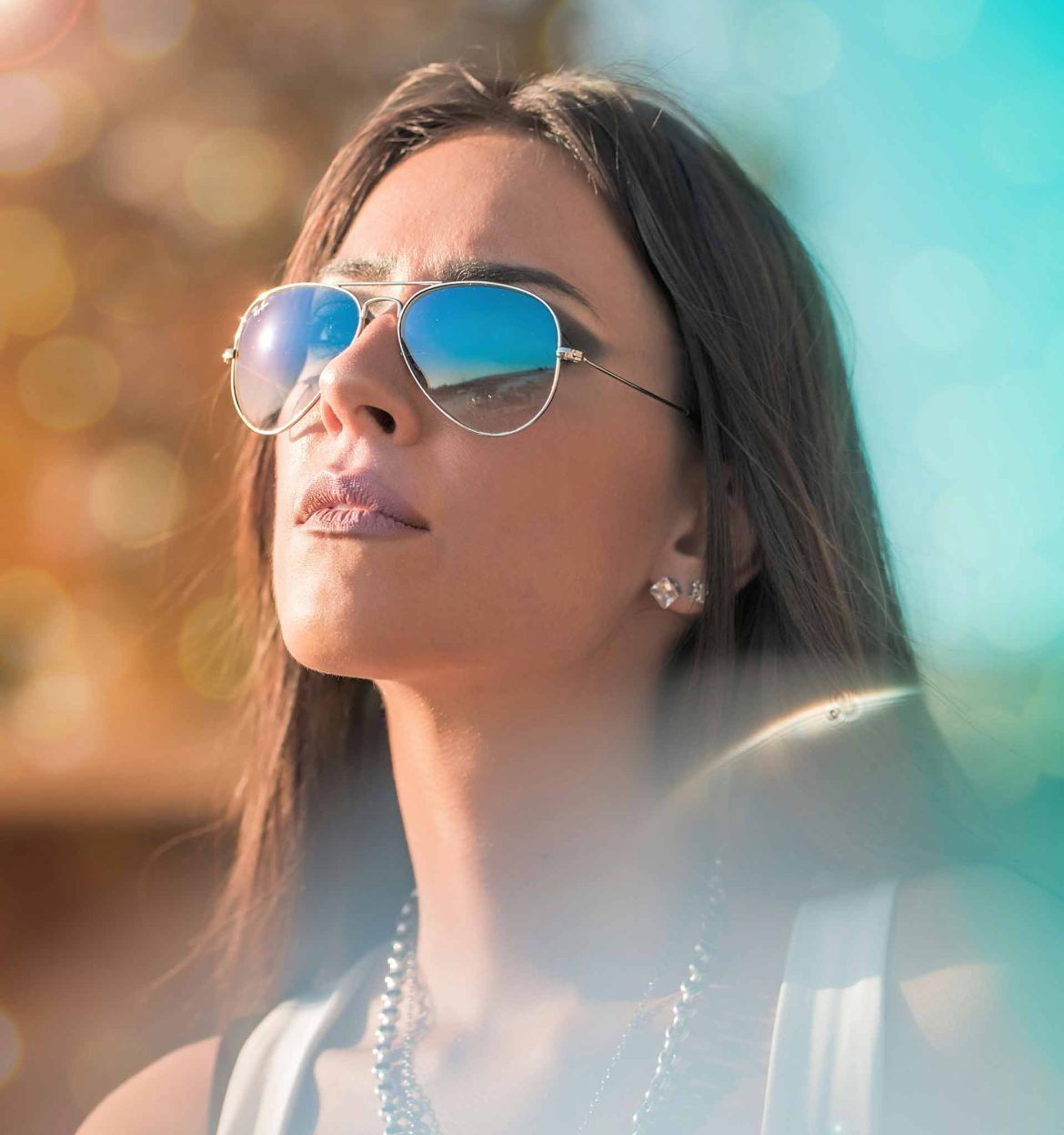 Blue Mirrored Lenses with a White Top and Layered Necklace — Aviator Sunglasses for Women 2027