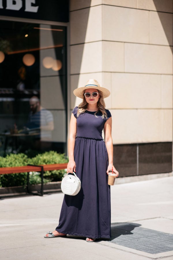 Effortless Summer Maxi: Navy Blue Dress and Straw Hat Effortless Summer Maxi: Navy Blue Dress and Straw Hat — Chicago Outfits 2027