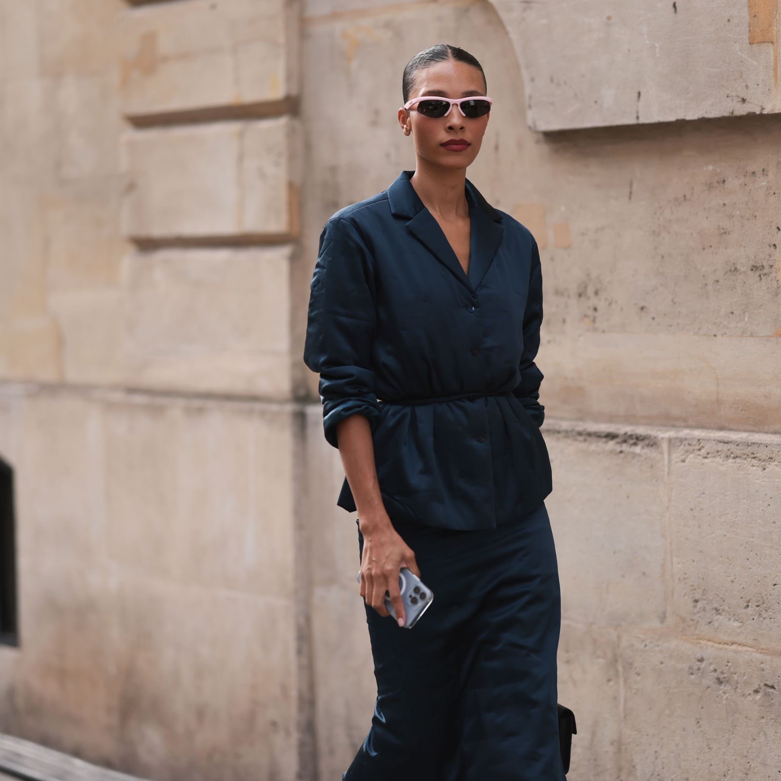 Sleek Navy Blue Satin Suit with Belted Jacket — Winter Minimalist Outfits 2027