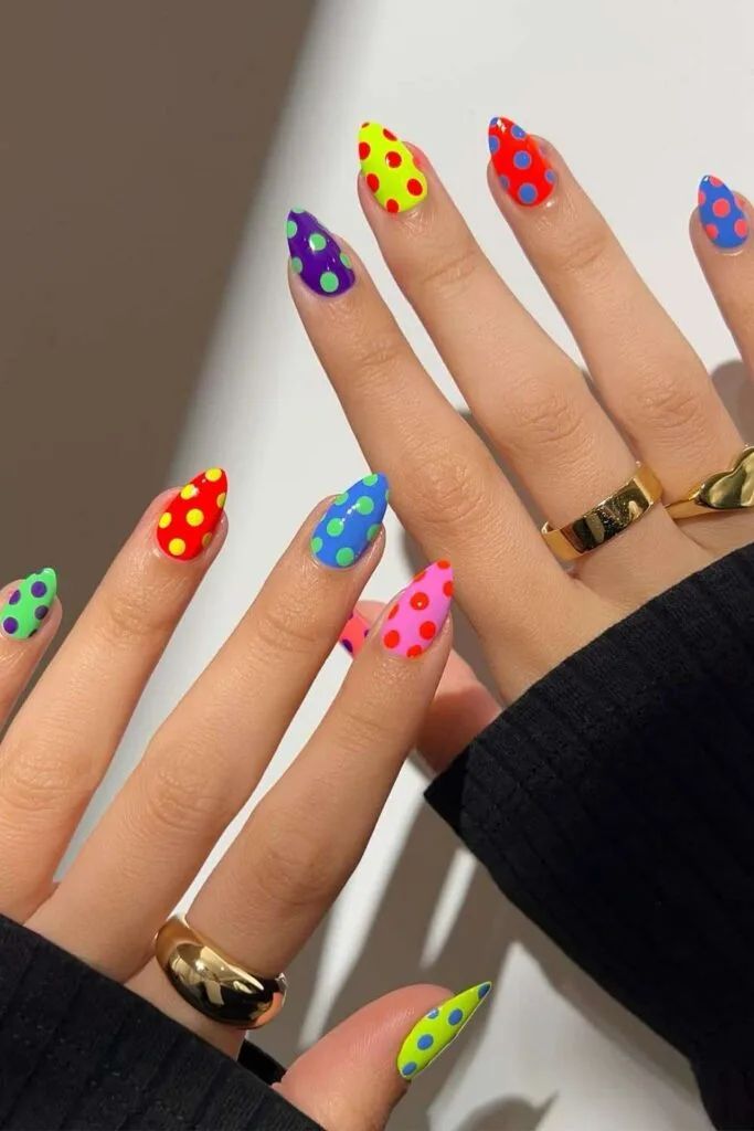 Medium Almond Neon Polka Dots Glossy Medium Almond Neon Polka Dots Glossy — Different Color Each Nail 2027