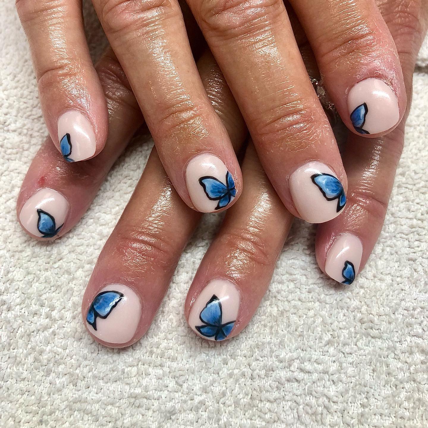 Pale Pink Hand-Painted Blue Butterflies Pale Pink Hand-Painted Blue Butterflies — Short Butterfly Round Nails 2027