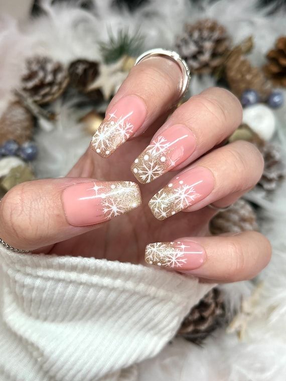 Sheer Pink Gold Glitter Snowflake Tips Sheer Pink Gold Glitter Snowflake Tips — Sparkly Holiday Nails 2026