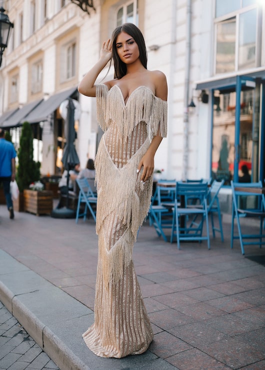 Champagne Sequined Floor-Length Dress with Fringe Overlay — Gatsby Outfits 2027