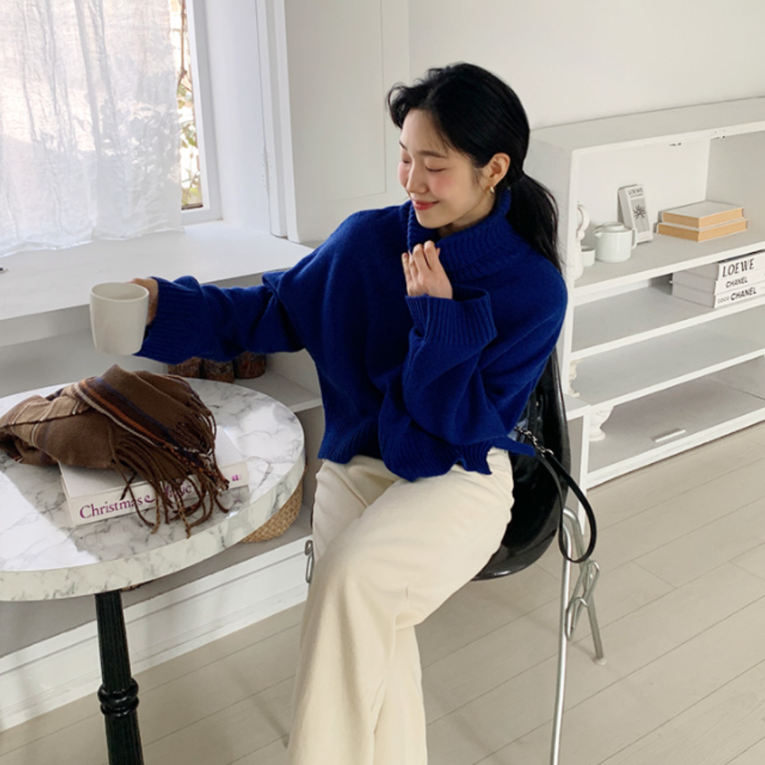 Statement Royal Blue Knit Sweater with Cream Pants Statement Royal Blue Knit Sweater with Cream Pants — Winter Blue Outfits 2027