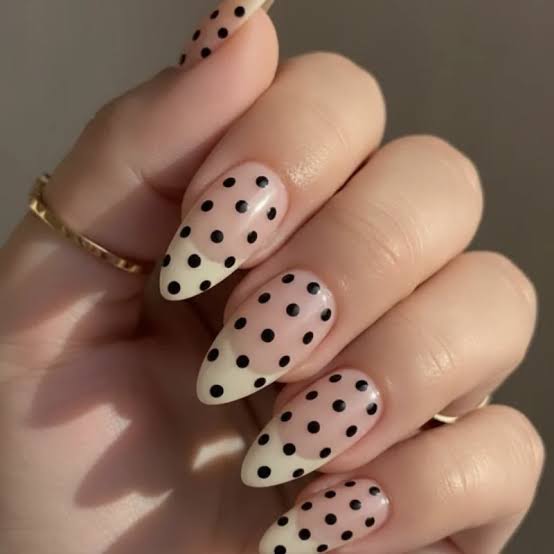 Long Stiletto Sheer Nude with Black Dots Long Stiletto Sheer Nude with Black Dots — Polka Dot Nails 2027