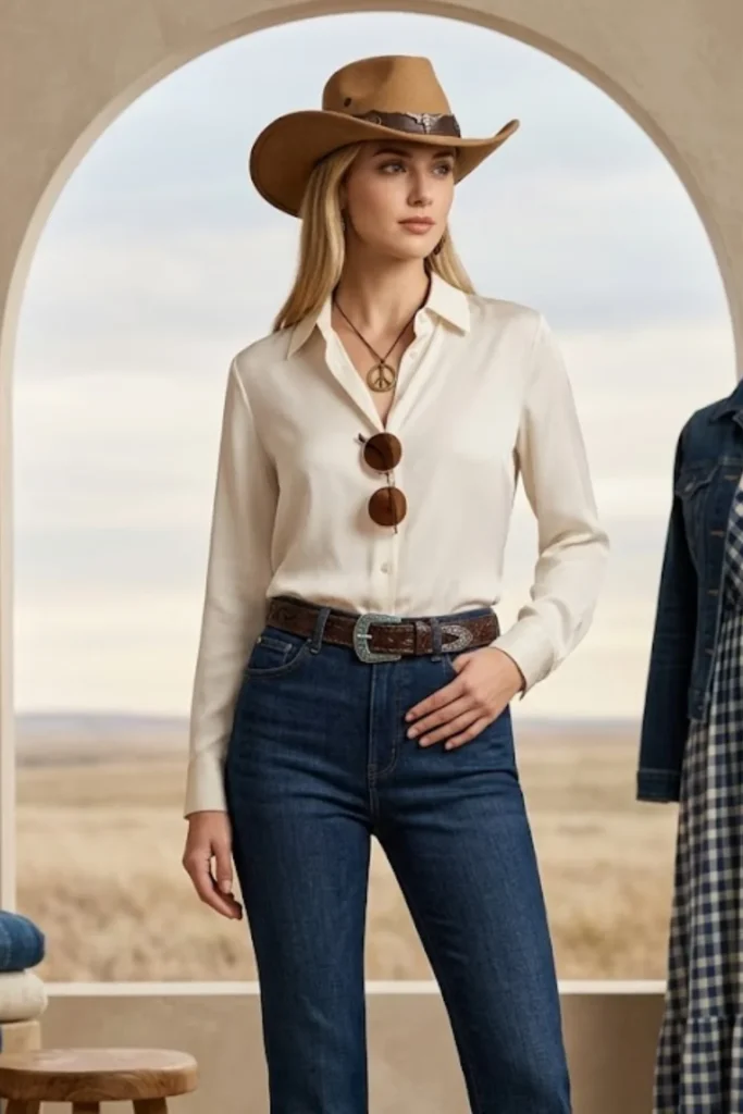 Satin Collared Shirt and Straight Leg Jeans with Cowboy Hat Satin Collared Shirt and Straight Leg Jeans with Cowboy Hat — Farm Outfits 2027