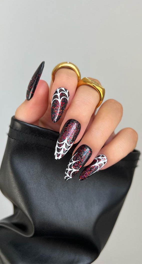 Glossy Black Coffin Nails with Spider Web and Glitter Glossy Black Coffin Nails with Spider Web and Glitter — Red and Black Nails 2027