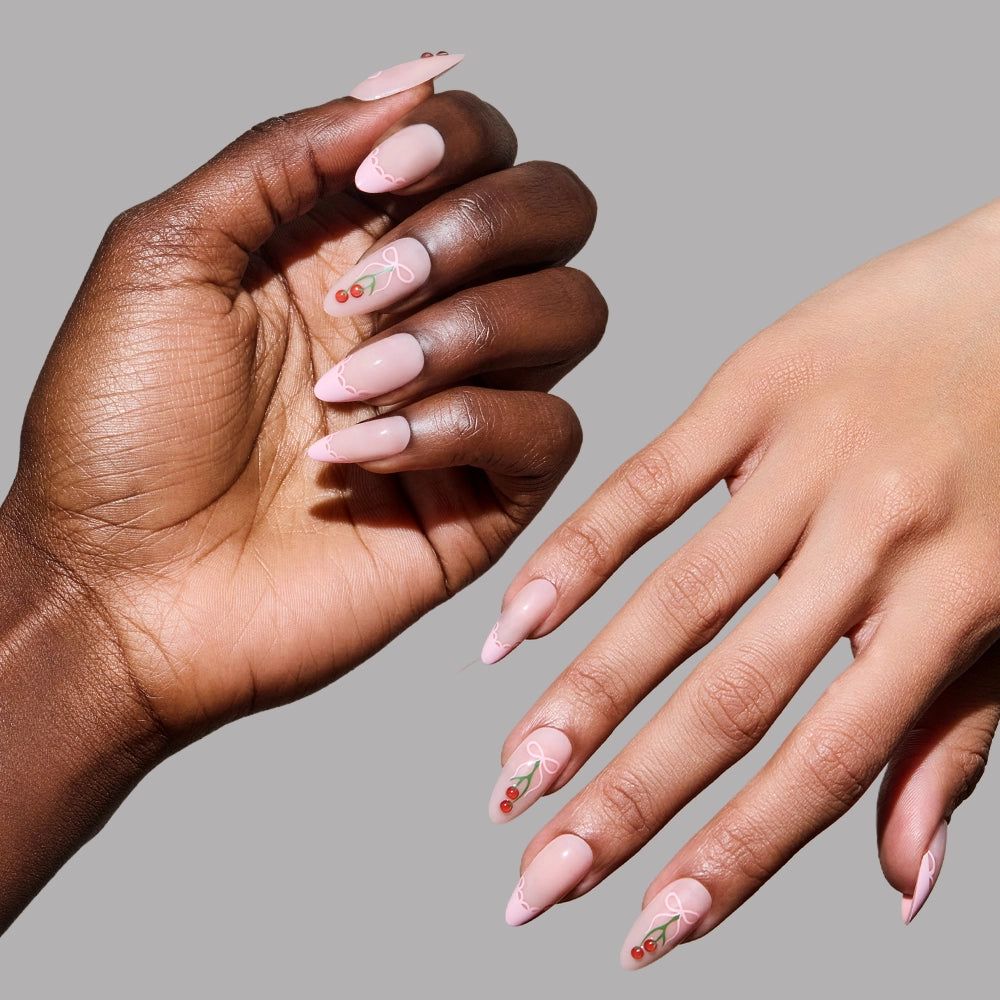 Medium Stiletto Pink Outline Bows & Cherries Medium Stiletto Pink Outline Bows & Cherries — Simple Bow Nails 2027
