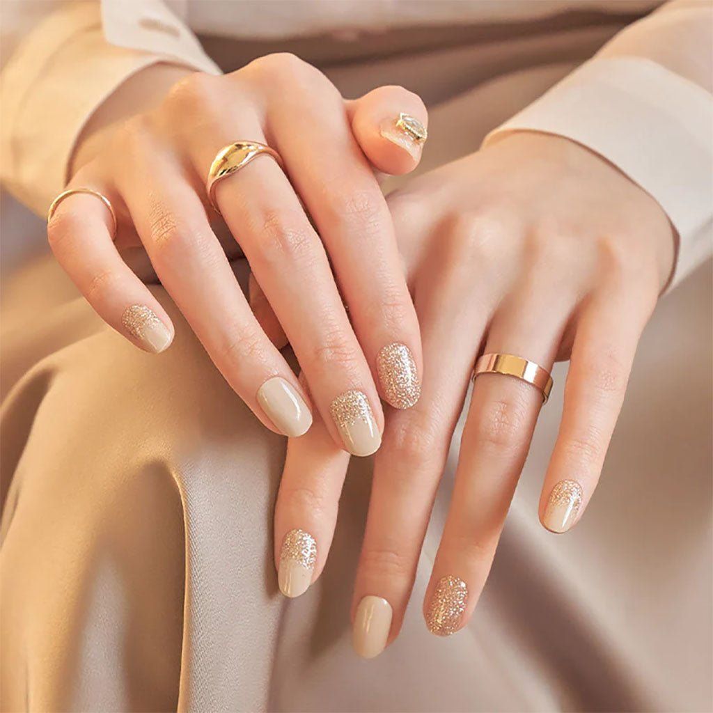Nude Base Gold Glitter Accent Nails Nude Base Gold Glitter Accent Nails — Champagne Nails 2027
