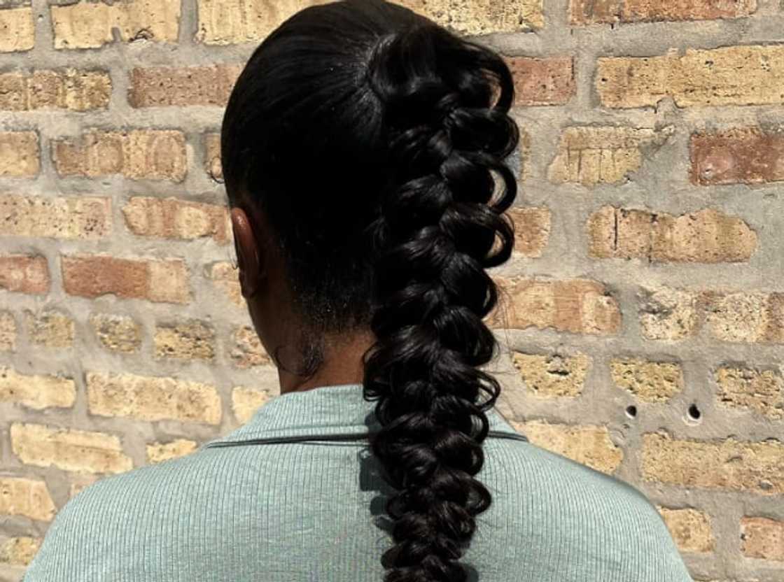 Black With Subtle Red Undertones Thick Curly Black Braided Ponytail Black With Subtle Red Undertones Thick Curly Black Braided Ponytail — Braided Ponytail 2027