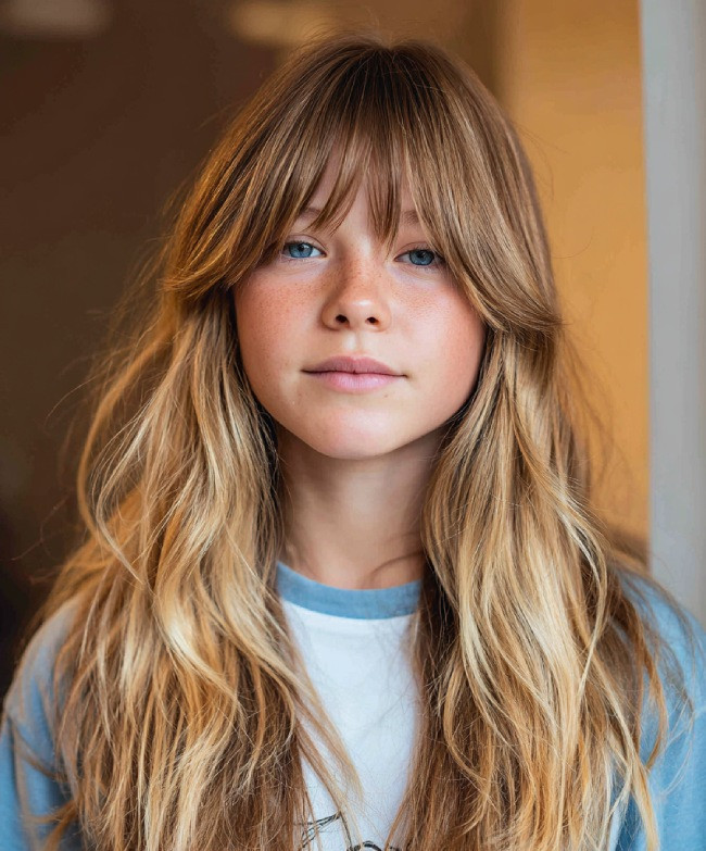 Wavy Shag With Wispy Curtain Bangs Wavy Shag With Wispy Curtain Bangs — Bangs 2027 for Kids