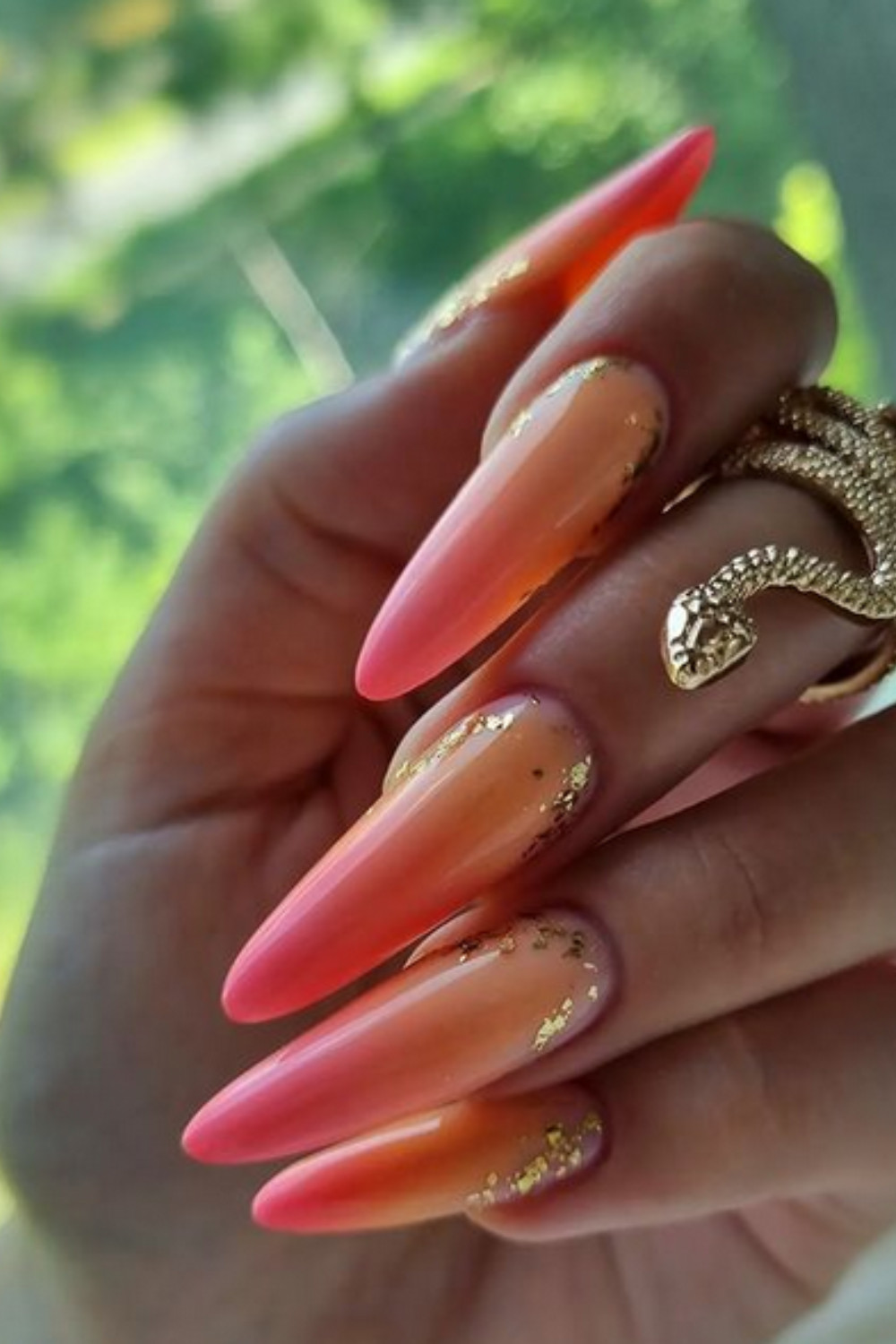 Long Stiletto Sunset with Gold Foil Flakes Long Stiletto Sunset with Gold Foil Flakes — Pink and Orange Sunset Nails 2027