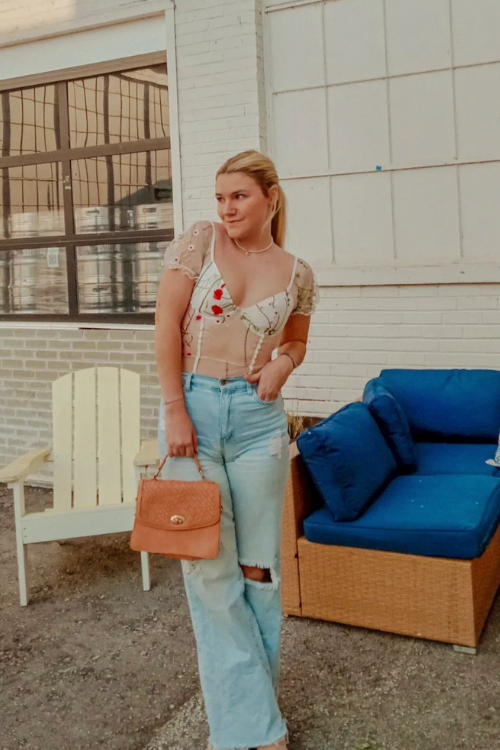 Sheer Floral Mesh Top and Light Wash Denim Sheer Floral Mesh Top and Light Wash Denim — Brewery Outfits 2027