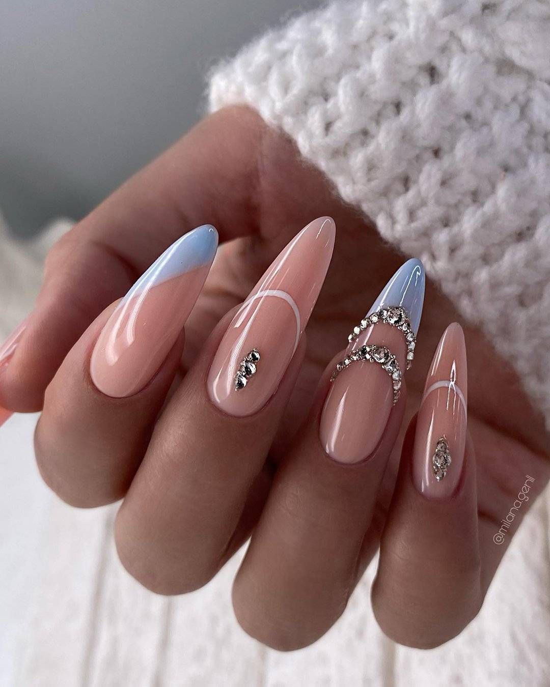 Nude Pink Stiletto Blue Tip Rhinestones Nude Pink Stiletto Blue Tip Rhinestones — Long Wedding Nails 2027