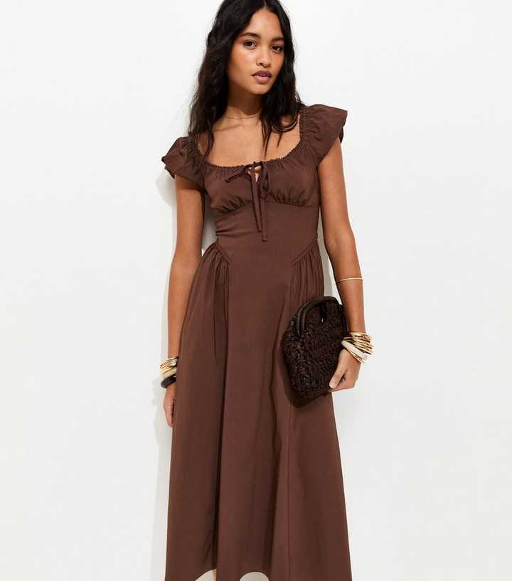 Dark Brown Milkmaid Midi Dress with Tie Front and Gold Bangles Dark Brown Milkmaid Midi Dress with Tie Front and Gold Bangles — Milkmaid Dresses 2027