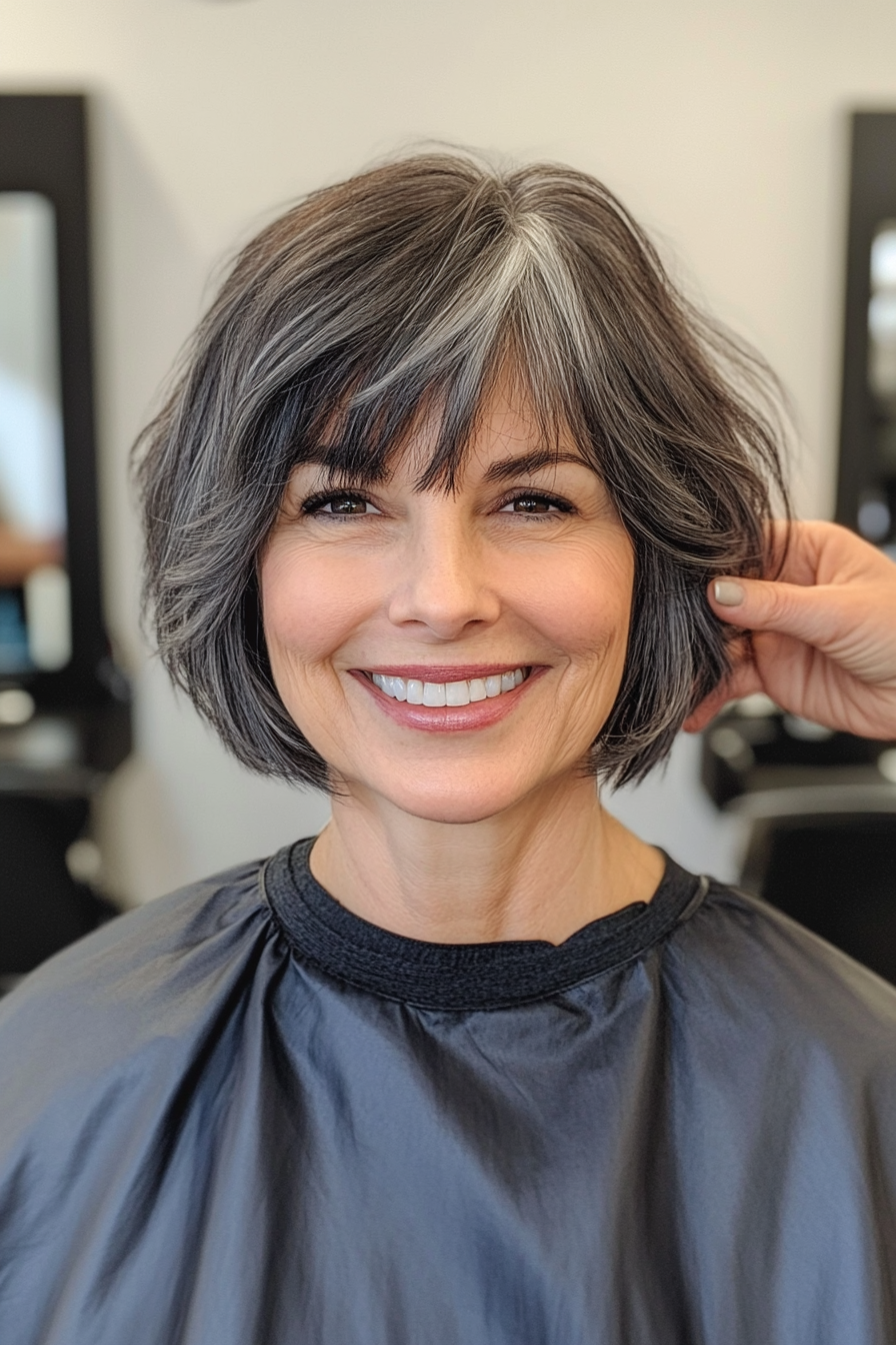 Dark Bob With Full Fringe and Grey Streaks Dark Bob With Full Fringe and Grey Streaks — Bangs 2027 for Women Over 50