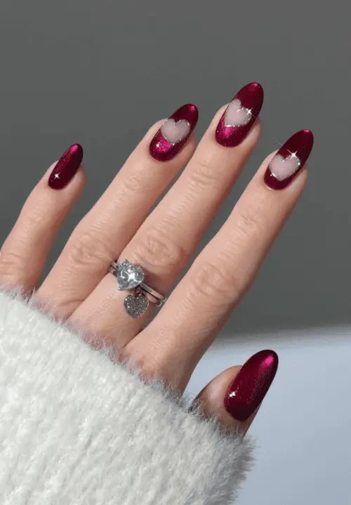 Shimmer Red With Silver Heart Outlines Shimmer Red With Silver Heart Outlines — Red Valentines Nails 2027