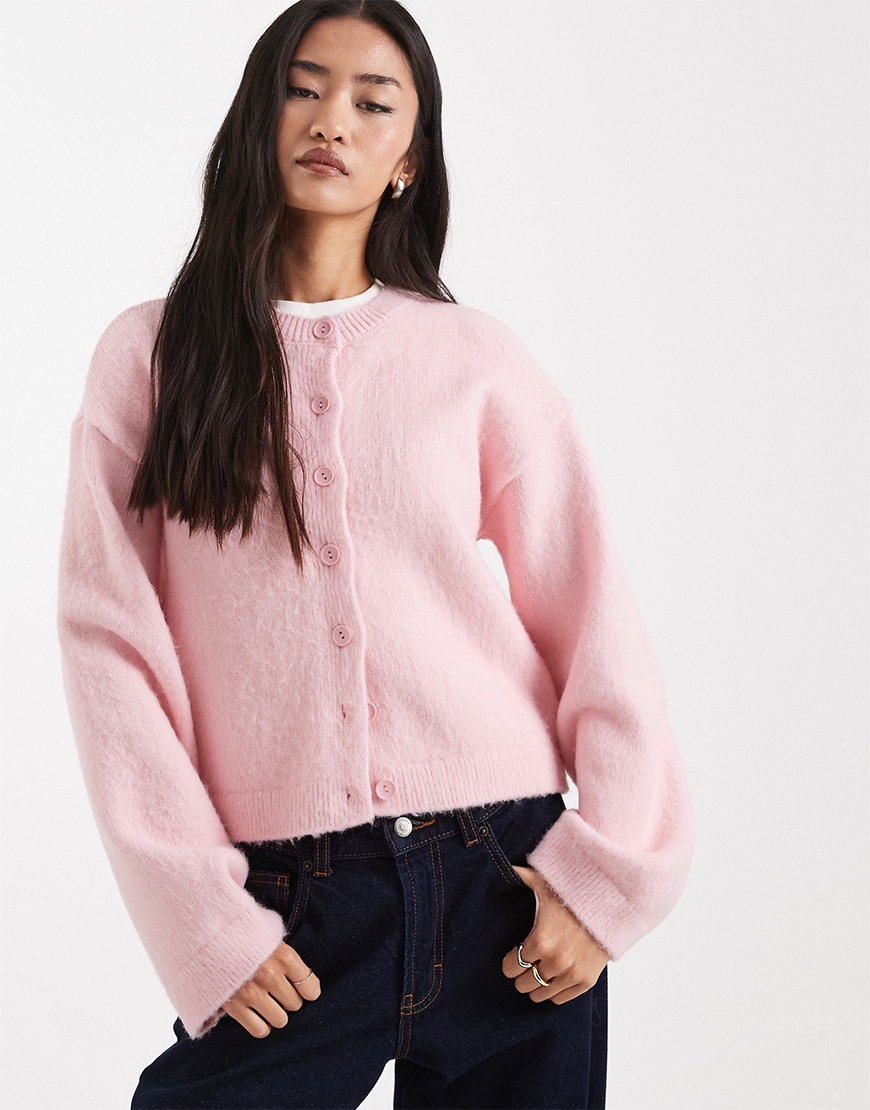 Casual Pink Fluffy Cardigan Over a White Tee and Jeans — Pink Valentines Outfits 2027
