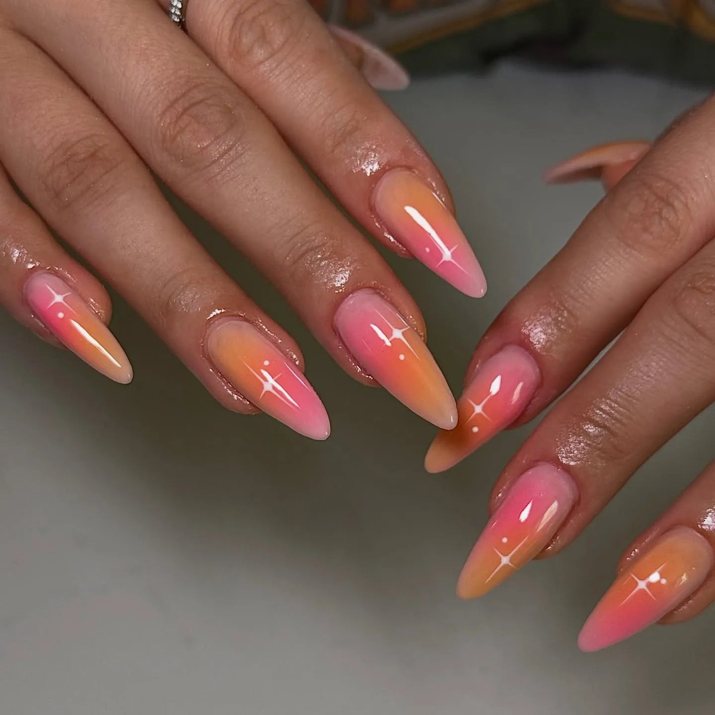 Pink to Orange Stiletto Ombre with Sparkle Pink to Orange Stiletto Ombre with Sparkle — Summer Ombre Nails 2027