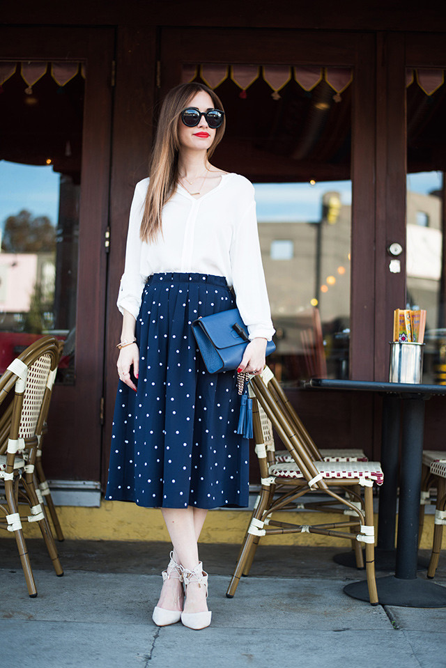 Polka Dot Midi Skirt with Long-Sleeve Blouse and Pink Heels Polka Dot Midi Skirt with Long-Sleeve Blouse and Pink Heels — Navy Blue Midi Skirt Outfits 2027