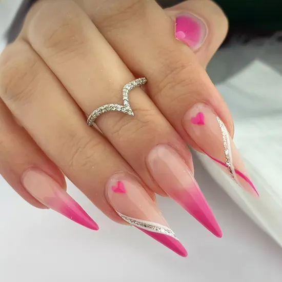 Pink Ombre Glitter Heart Stilettos Pink Ombre Glitter Heart Stilettos — Anniversary Nails 2027