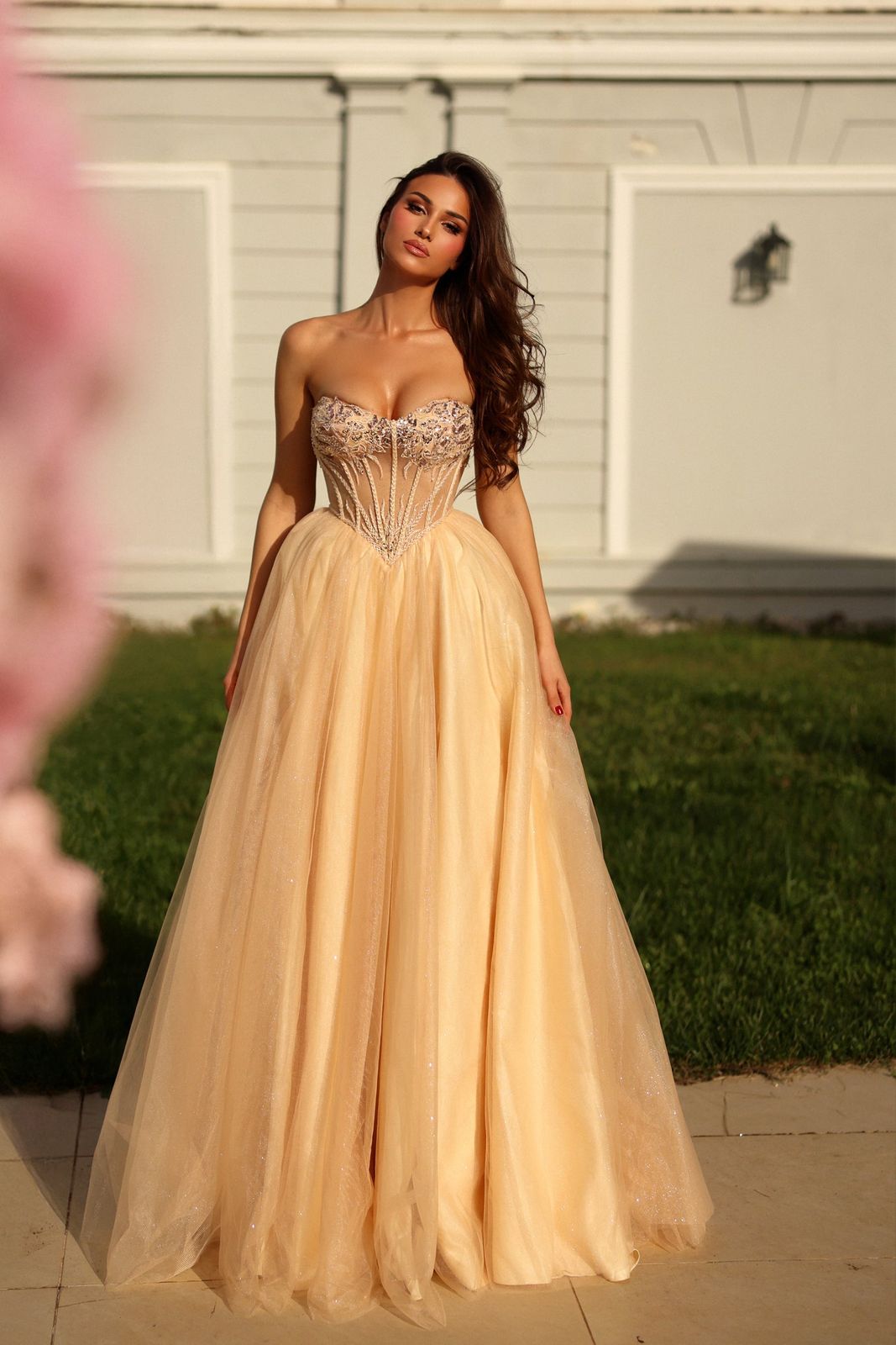 Sparkling Pale Yellow Ballgown with Embellished Corset Sparkling Pale Yellow Ballgown with Embellished Corset — Junior Prom Outfits 2027