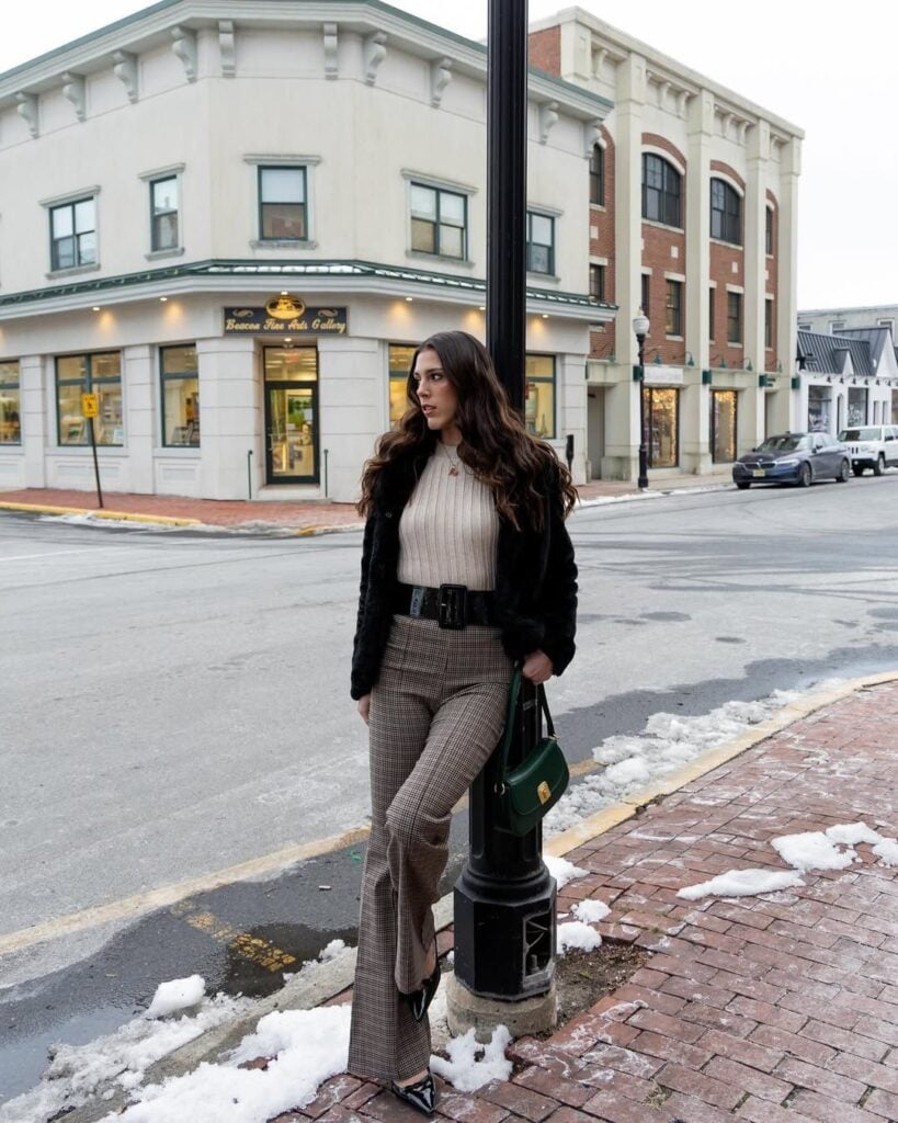 Beige Sweater, Plaid Trousers, and Faux Fur Jacket — Corporate Baddie Outfits 2027