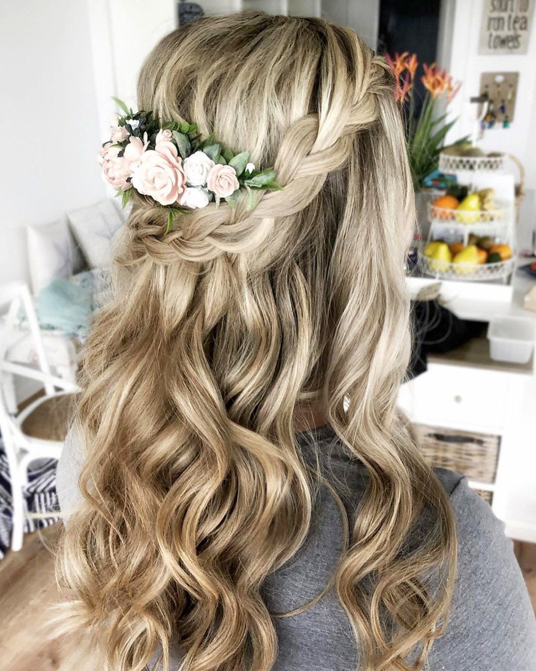 No Bangs Ash Blonde Half-Up With Braided Crown — Down Mother of the Bride Hairstyles 2027