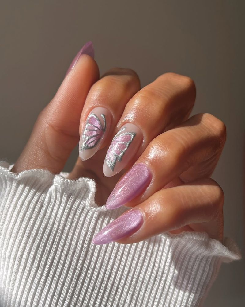 Shimmer Pink Purple Butterfly Outline Almonds — Short Butterfly Almond Nails 2027