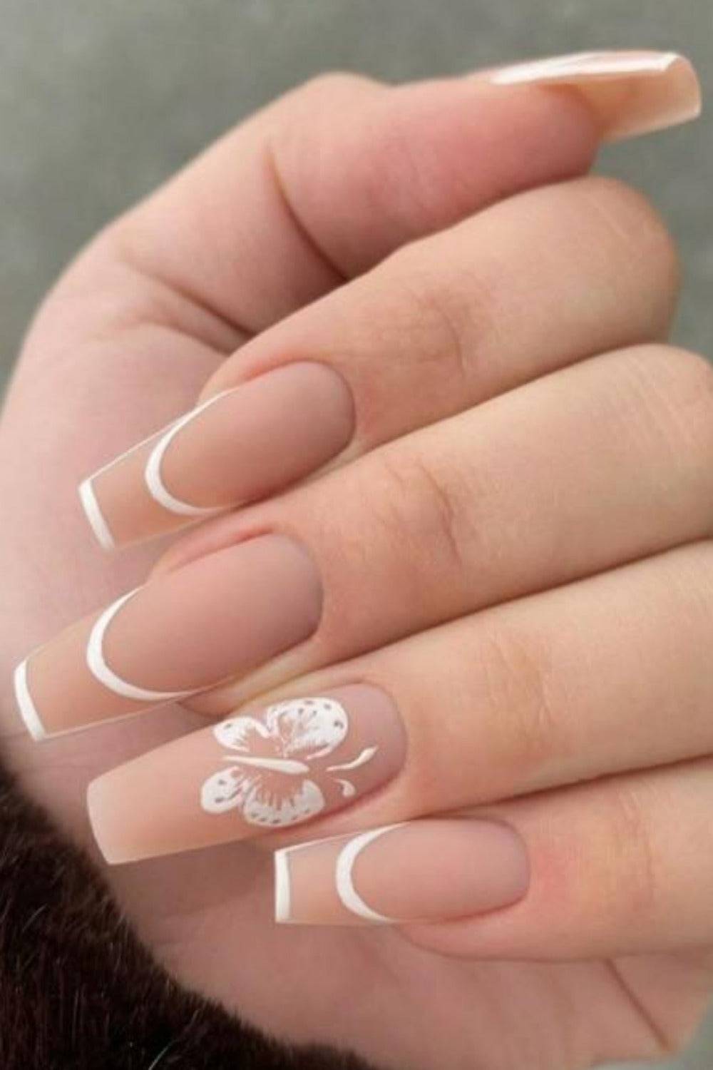 Matte Nude White French Butterfly Nails Matte Nude White French Butterfly Nails — Long Butterfly Coffin Nails 2027
