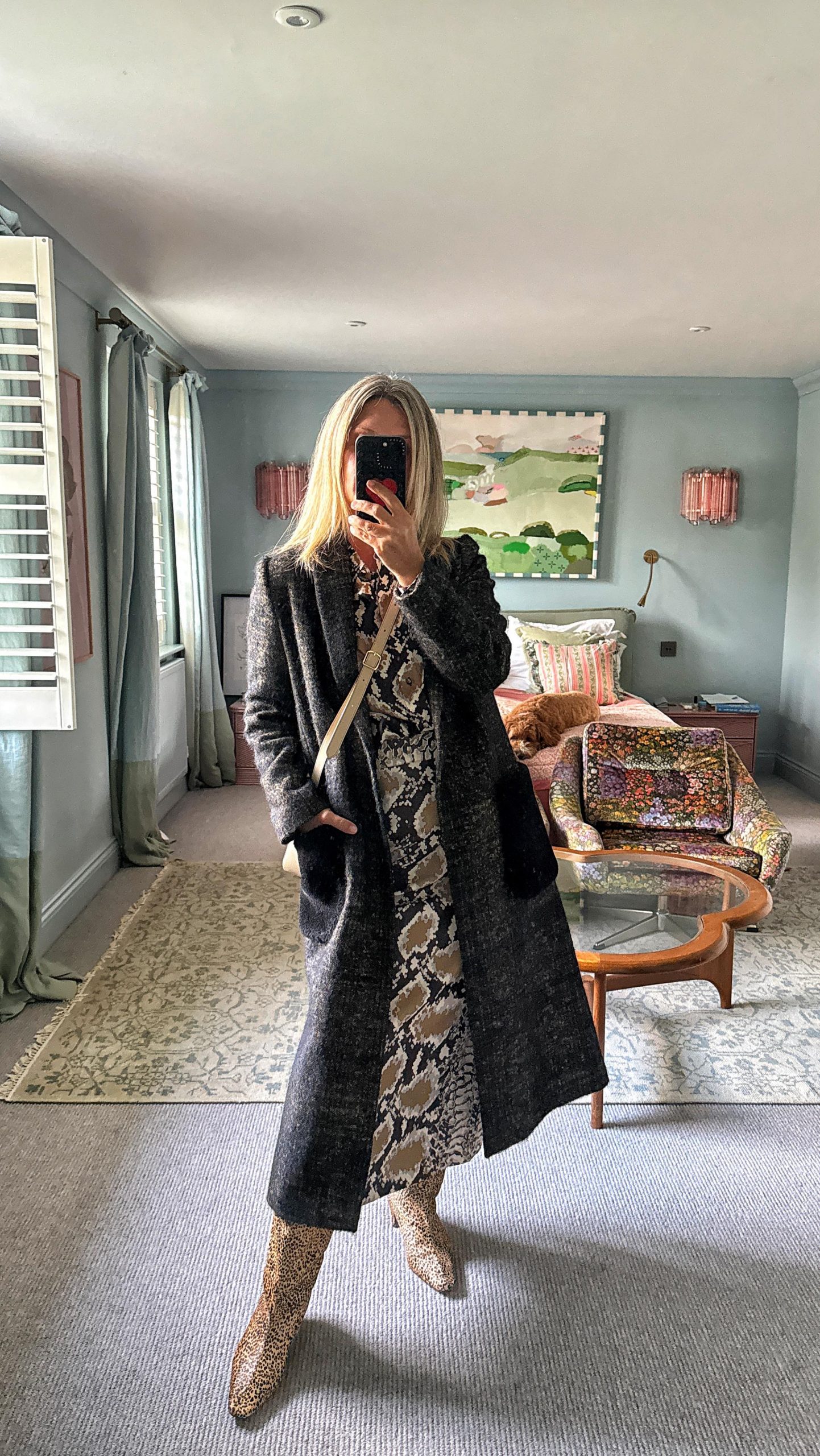 Autumn Layers: Snakeskin Dress with Wool Coat Autumn Layers: Snakeskin Dress with Wool Coat — Mom Outfits 2027