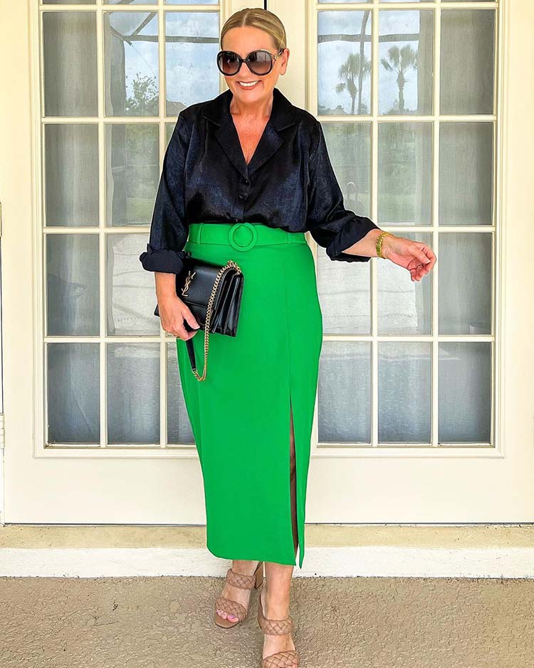 Chic Black Blouse with Bright Green Midi Skirt for a Birthday — 40th Birthday Outfits 2027