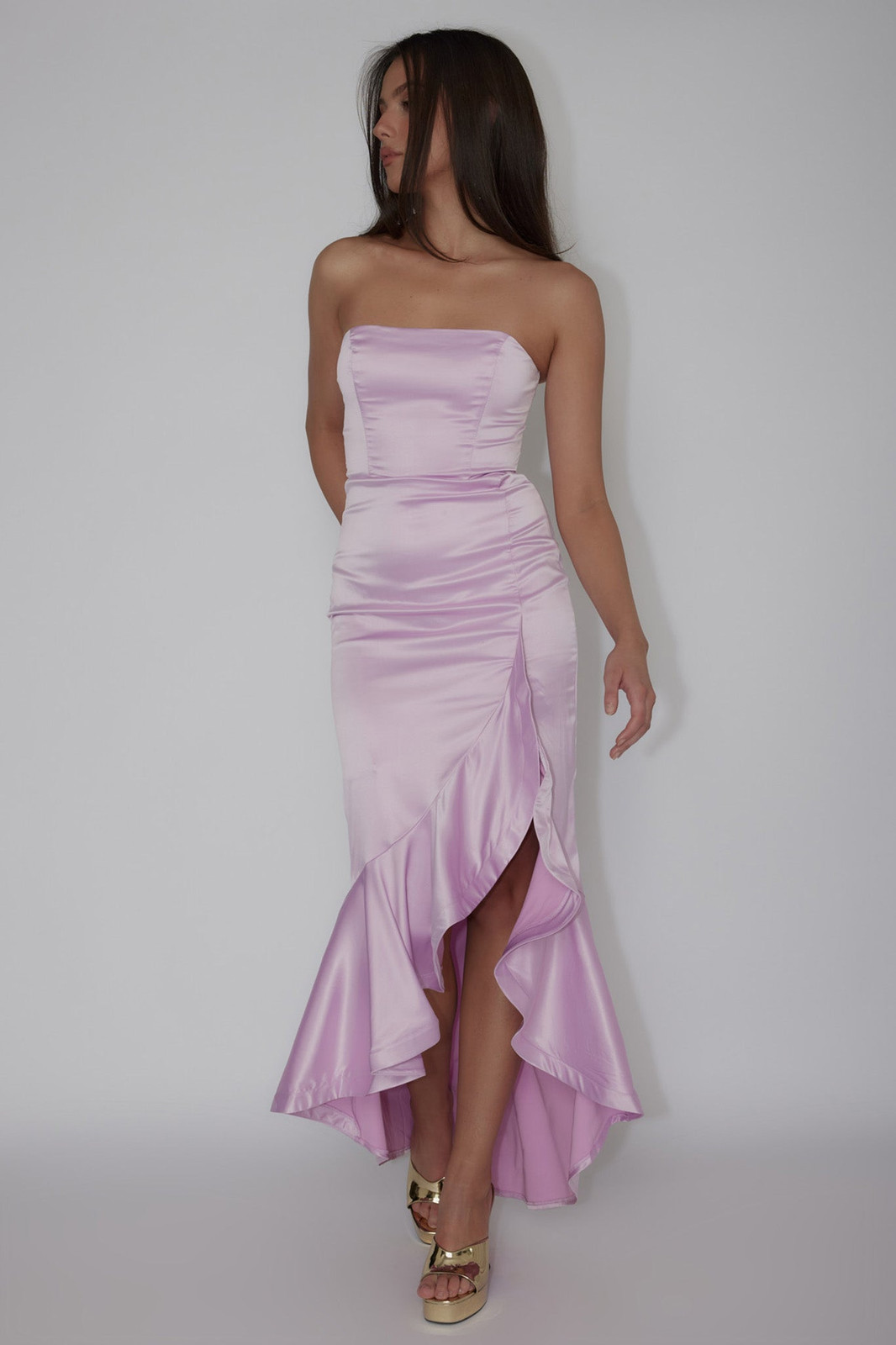 Lilac Satin Strapless Midi Dress with Ruffled Fishtail Hem Lilac Satin Strapless Midi Dress with Ruffled Fishtail Hem — Ruffle Hem Dress 2027