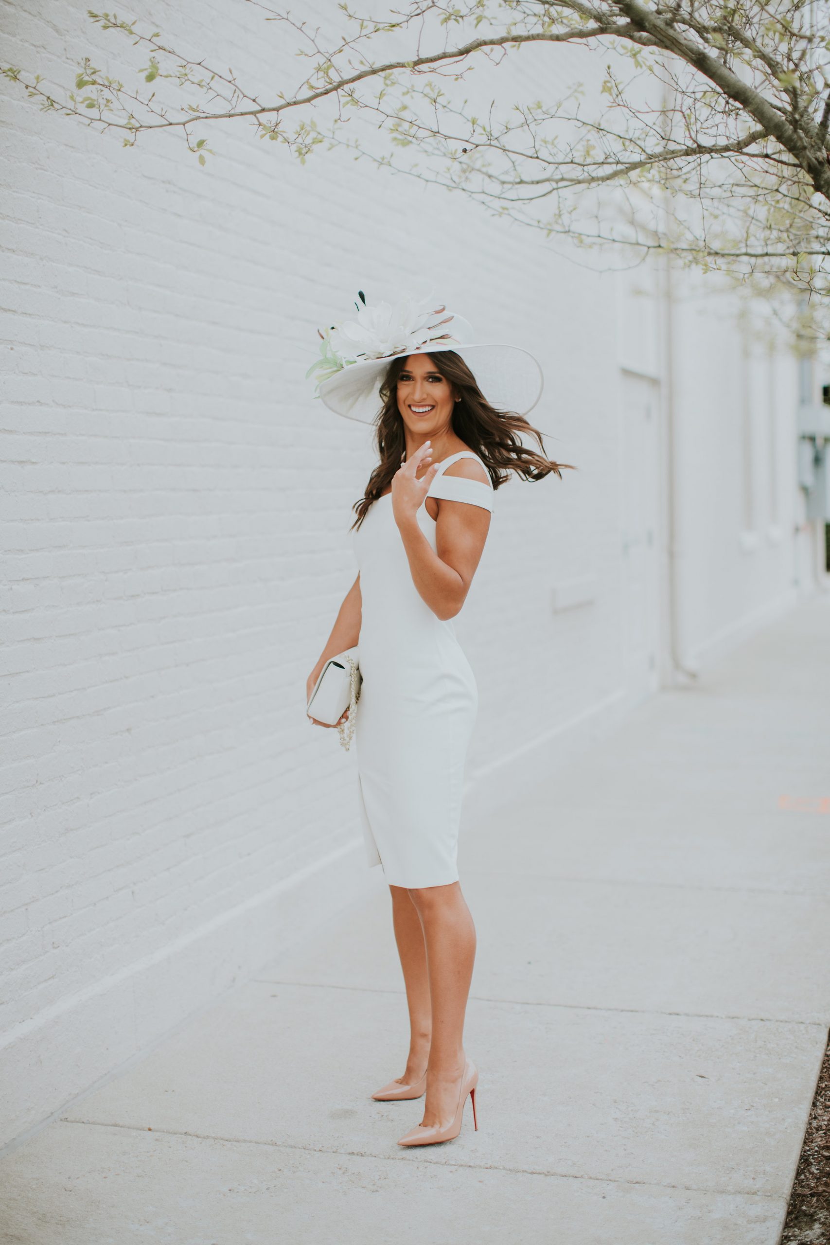 White Off-the-Shoulder Dress and Oversized Hat — Kentucky Derby Outfits 2027