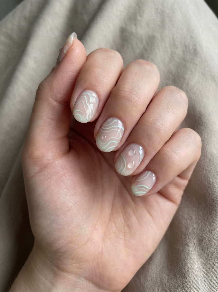 Mint Green Wavy Lines Short Oval Nails Mint Green Wavy Lines Short Oval Nails — Nails 2027 for Short Fingers