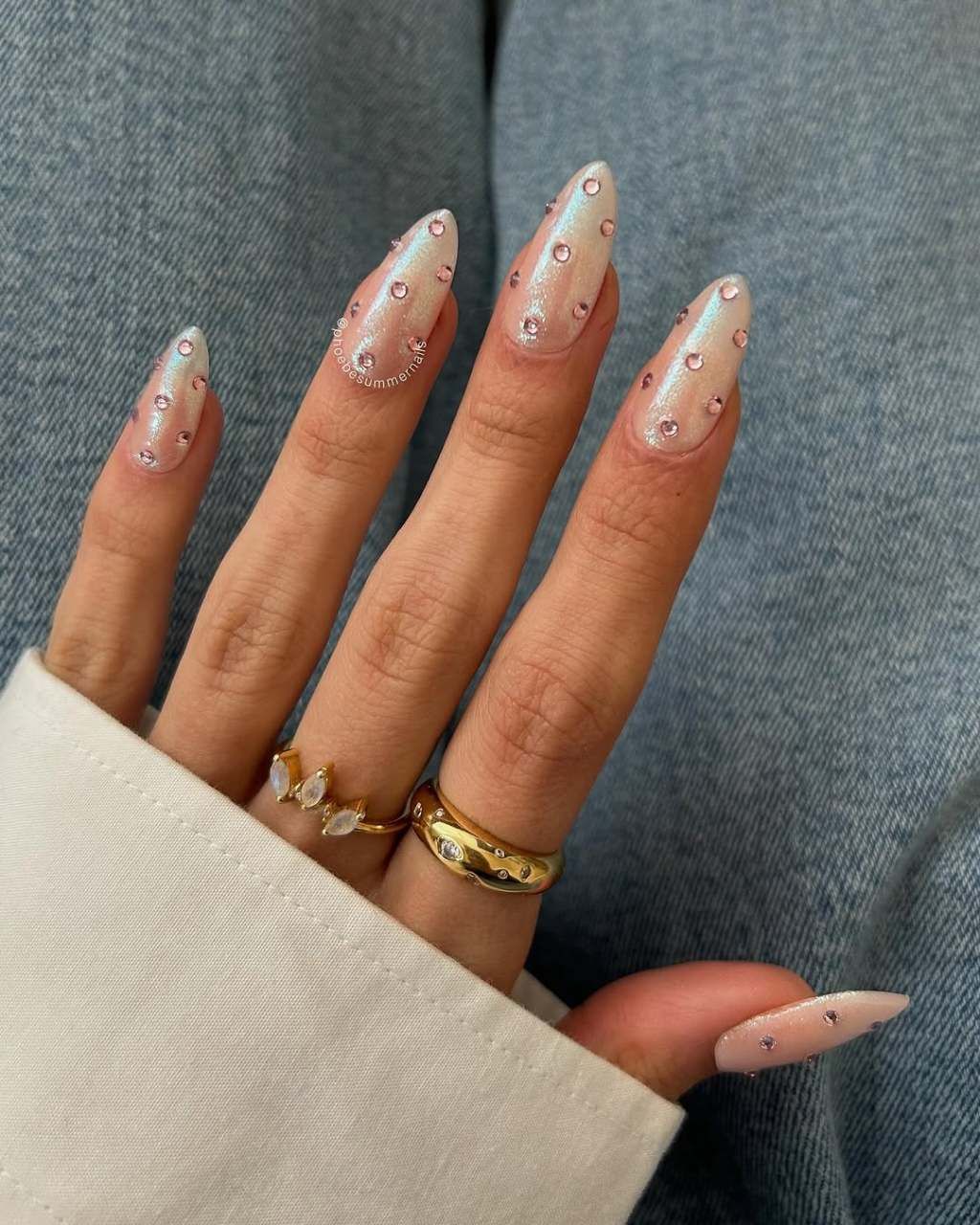 Pale Iridescent Pink Rhinestone Almonds Pale Iridescent Pink Rhinestone Almonds — Long Wedding Nails 2027