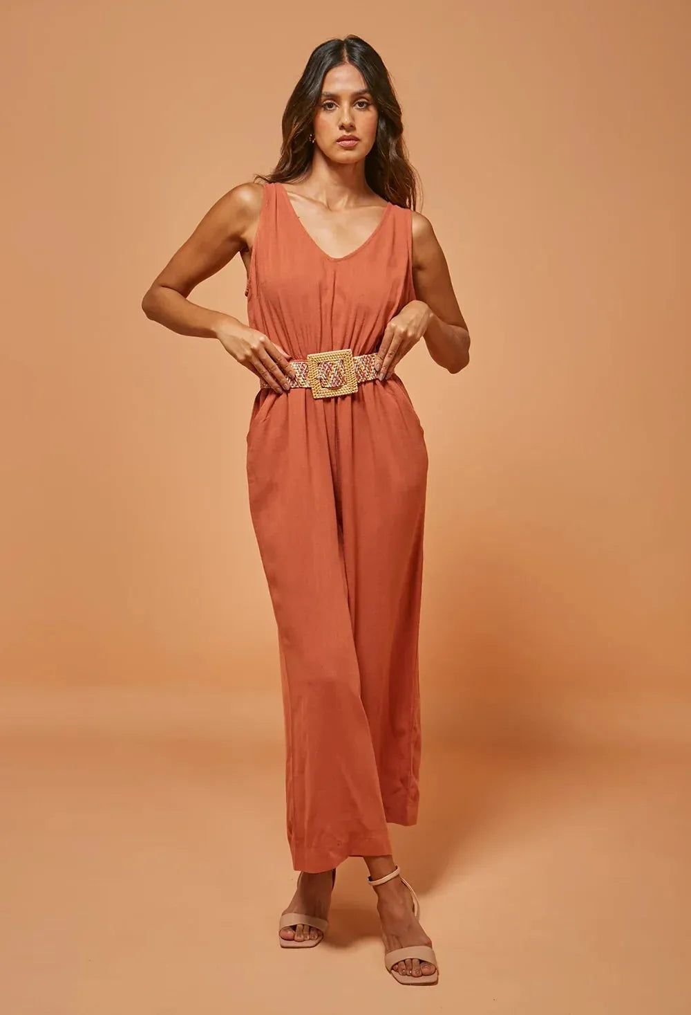 Rust Orange V-Neck Jumpsuit with Woven Belt for Effortless Style Rust Orange V-Neck Jumpsuit with Woven Belt for Effortless Style — Sleeveless Jumpsuit Outfits 2027