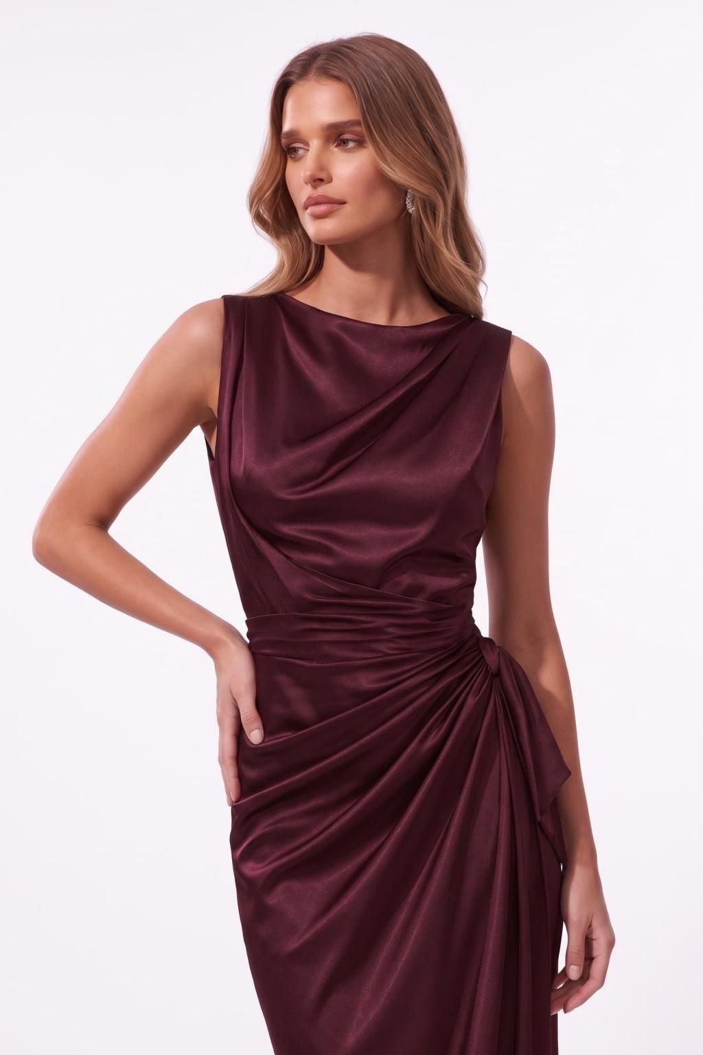 Burgundy Satin Draped Neckline Ruched Bodycon Midi Dress Burgundy Satin Draped Neckline Ruched Bodycon Midi Dress — Shrink Wrap Outfits 2027