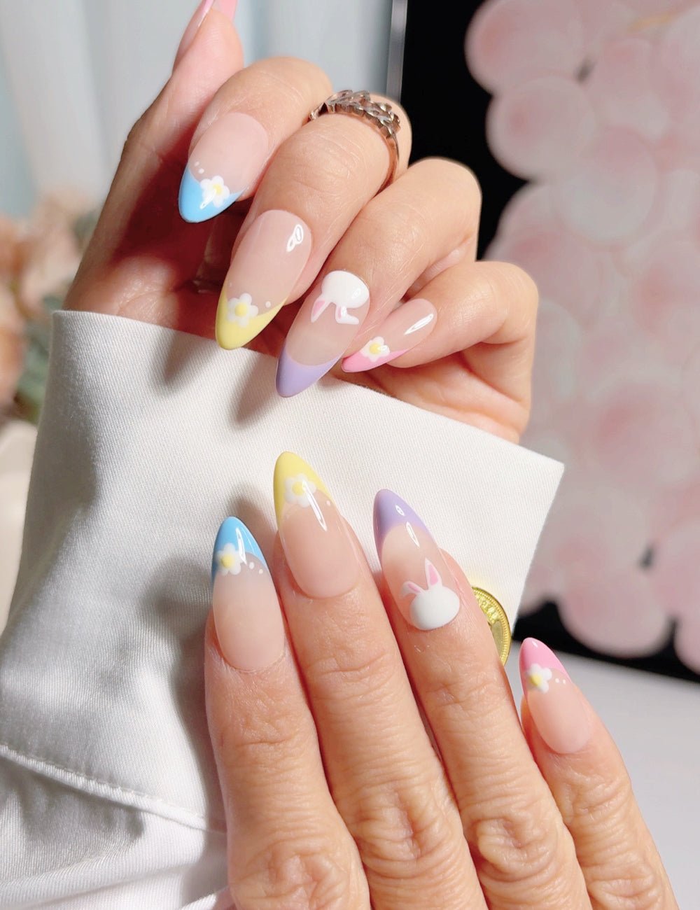 3D Bunny Face Pastel Color Block French Tips 3D Bunny Face Pastel Color Block French Tips — Easter French Tip Nails 2027