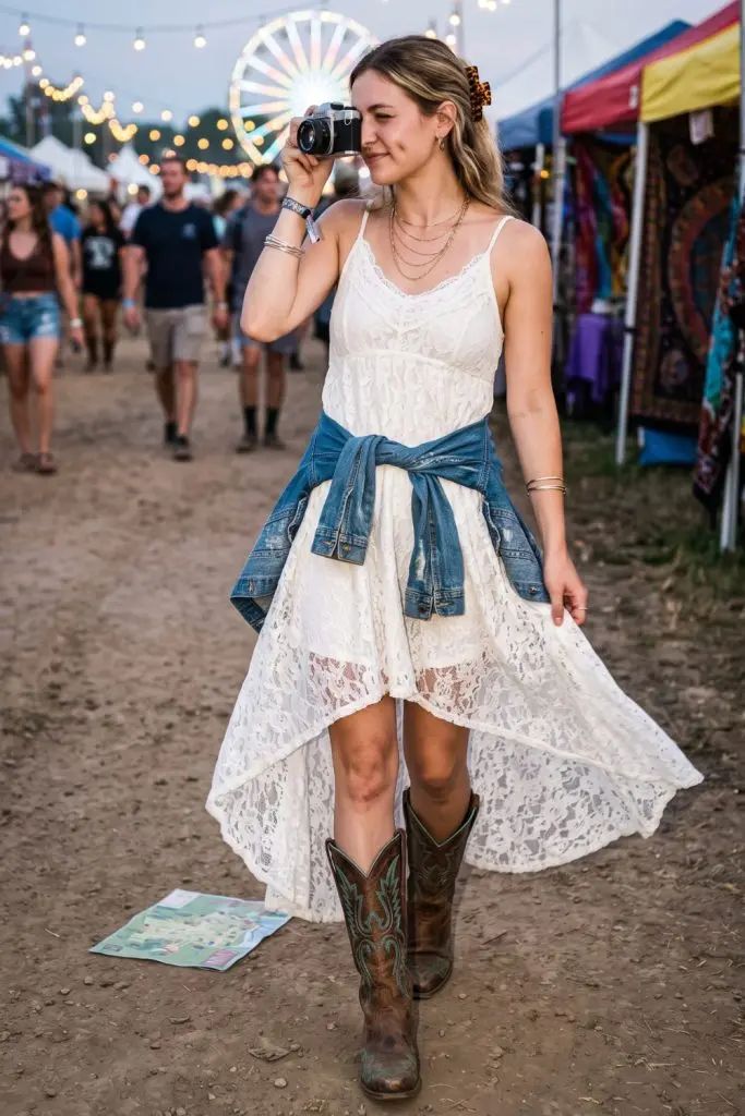 White Lace High-Low Dress with Tied Denim Jacket — Concert Outfits 2027