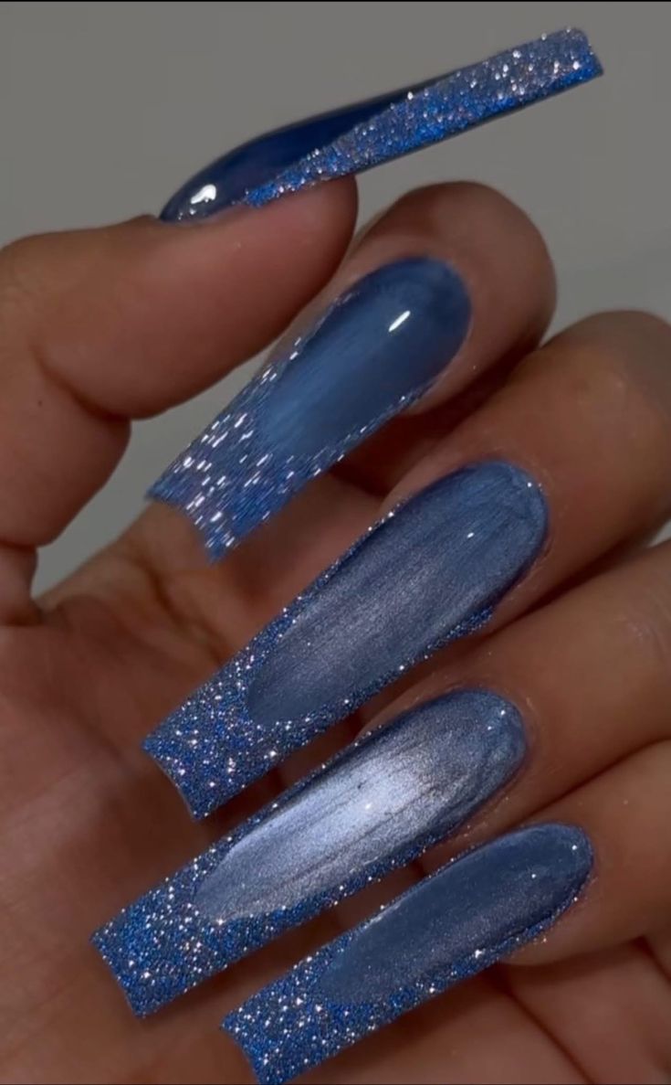 Medium Blue Glitter Ombré Coffin Nails Medium Blue Glitter Ombré Coffin Nails — Blue Christmas Nails 2026