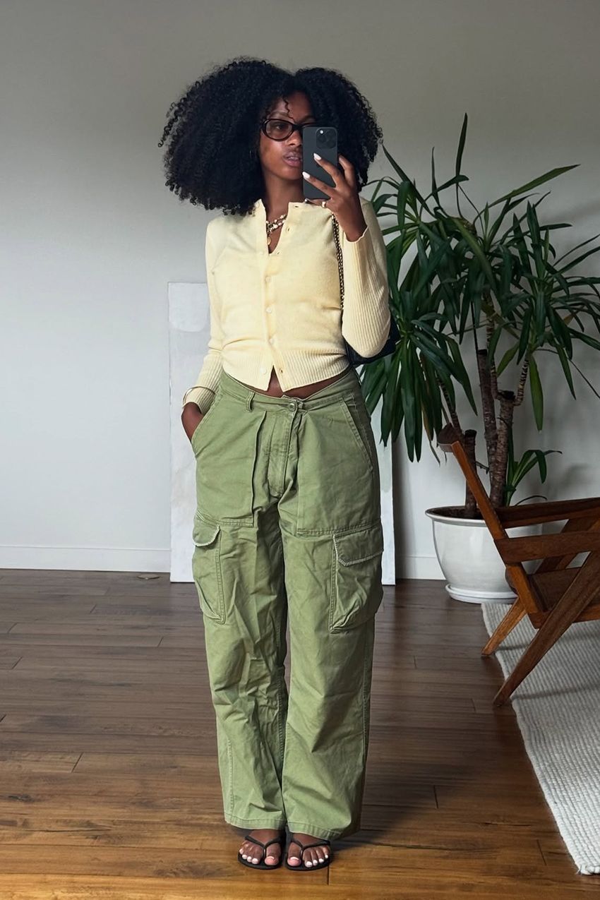 Olive Green Cargos with Cardigan and Thong Sandals Olive Green Cargos with Cardigan and Thong Sandals — Khaki Cargo Pants Outfits 2027