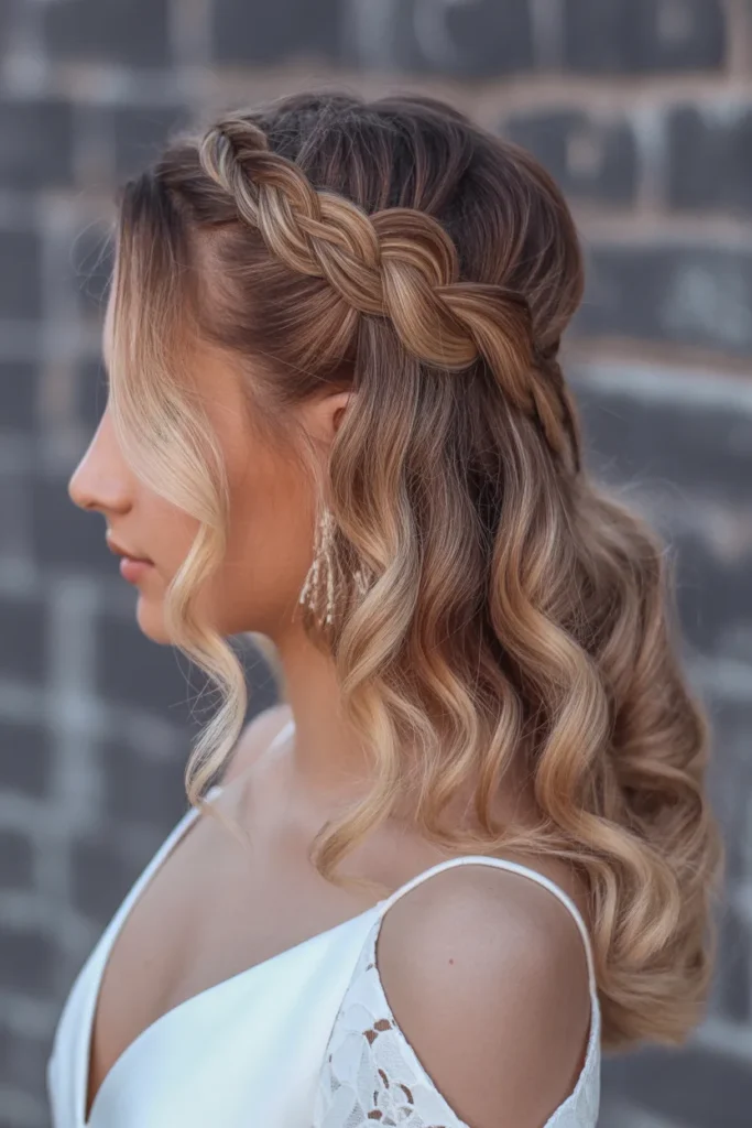 Honey Blonde Half Updo with Braided Crown Honey Blonde Half Updo with Braided Crown — Prom Hairstyles 2027 for Medium Hair