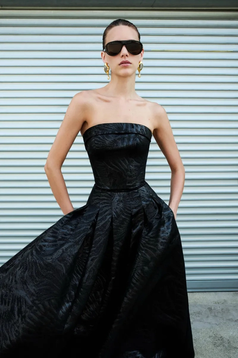 Black Strapless Jacquard Midi Dress with Full Skirt and Gold Earrings Black Strapless Jacquard Midi Dress with Full Skirt and Gold Earrings — Strapless Dresses 2027