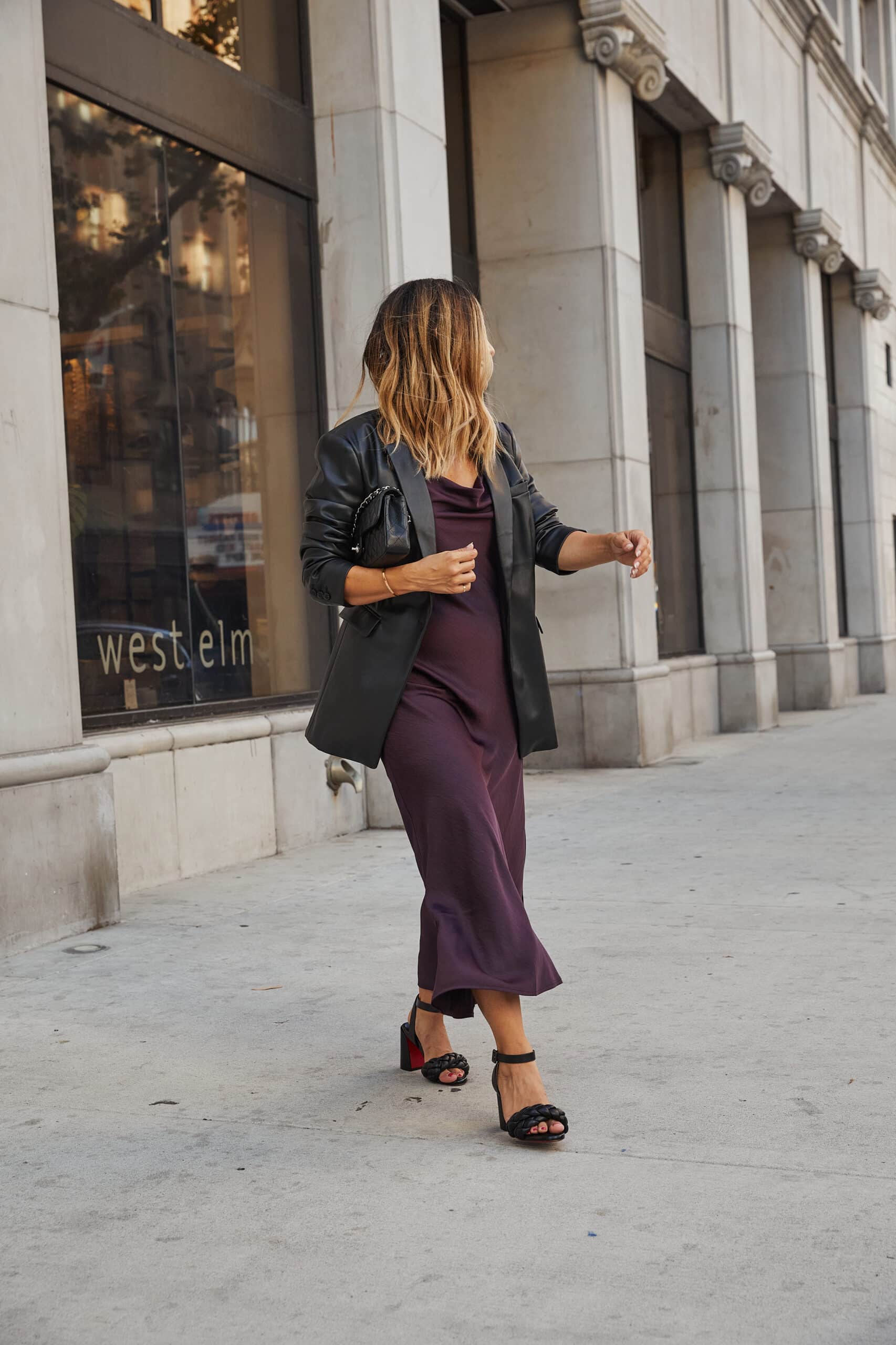 Elegant Evening Style: Leather Blazer with Plum Satin Slip Dress Elegant Evening Style: Leather Blazer with Plum Satin Slip Dress — Dress 2027 with Leather Jacket Outfit