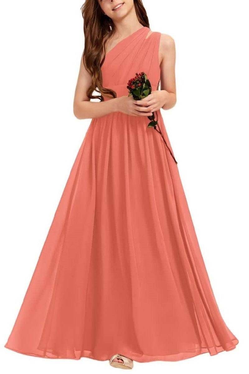 Coral Chiffon One-Shoulder A-line with Ruching Coral Chiffon One-Shoulder A-line with Ruching — Junior Bridesmaid Dress 2027
